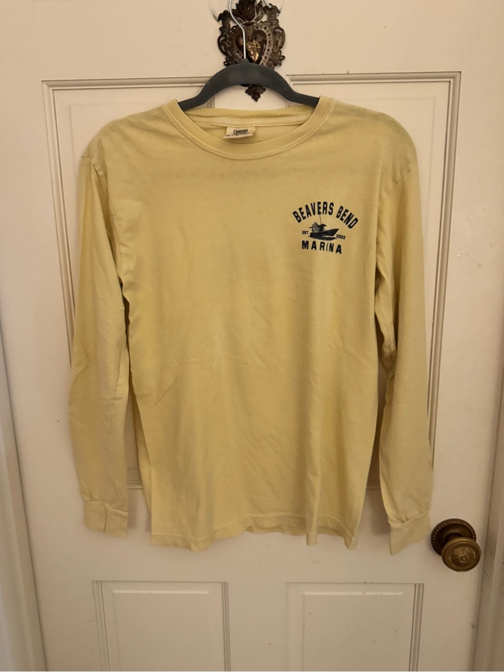 Comfort Colors Men's Long Sleeve Crew Tee - Pale Yellow with Marina Logo